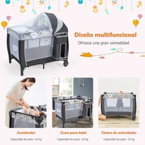 Parque infantil bebés portátil com rede amovível e ajustável, tapete muda-fraldas e rodas com fecho 127 x 63 x 110 cm