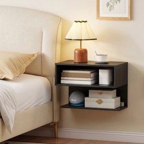 Mesa de Cabeceira Flutuante, 50 x 30 x 36,5 cm, 2 Compartimentos Abertos, Preto
