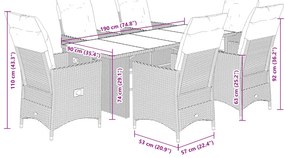 7 pcs conjunto de jantar p/ jardim c/ almofadões vime PE cinza