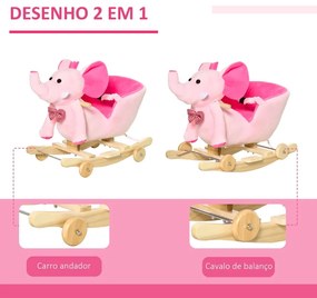 Cavalo Baloiço com Rodas e Forma de Elefante com Músicas Infantis e Cinto de Segurança 60x35x45 cm Rosa