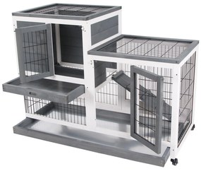 Coelheira de Madeira Interior com Rodas Gaiola para Coelhos Animais Pequenos de 2 Pisos com Zona Aberta Rampa e 2 Bandejas Removíveis 110x50x86cm Cinz