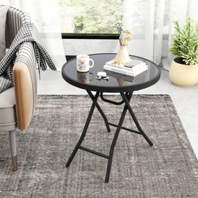 Mesa jardim redonda dobrável de 46 cm compacta com tampo de vidro temperado e estrutura metálica preta