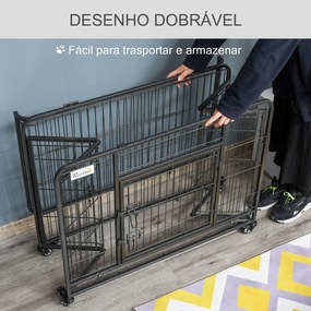 Gaiola de metal dobrável para cães com rodas e freios Bandeja removível e porta com travas 109,5x71x78 cm Cinza escuro