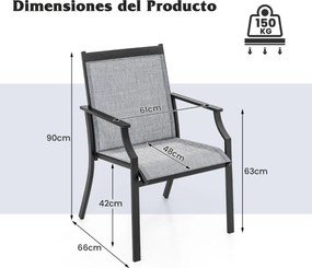 Conjunto de 2 cadeiras de jardim com assento respirável Estrutura metálica Costas altas e apoios de braços ergonómicos Cinzento
