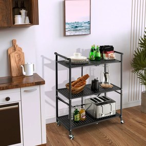 Estante metálica dobrável de 3 camadas com rodas com trava móvel para cozinha, sala de estar, garagem 72,5 x 33 x 93,5 cm preta