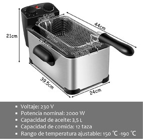 Fritadeira de Aço Inoxidável com Tampa de Recipiente de Óleo de 3,5 L com Janela e Temperatura Ajustável 55 x 24 x 24 x 21 cm Preto