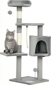 Arranhador para gatos com vários acessórios: arranhadores, plataformas, compartimentos abertos, corda e brinquedos – 40 x 40 x 114 cm – cinzenta