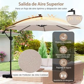 Guarda-sol 300 x 260 cm com base, iluminação LED, 9 modos, ajuste fácil da inclinação, rotação de 360° Bege