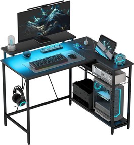 Secretária de canto reversível, secretária para computador com LED, 2 tomadas e 2 portas USB e cesto ajustável, 107 x 80 x 90 cm, preto
