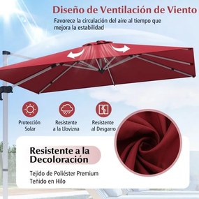 Guarda-sol de alumínio de 3 m quadrado com rotação de 360° e inclinação ajustável à prova de vento para jardim, piscina e terraço Vermelho