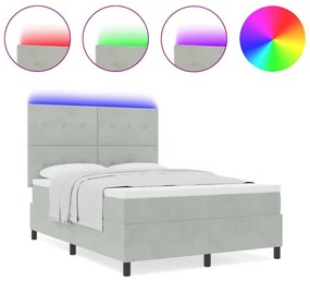 Cama Box Spring com Colchão e Luz LED Cinza Claro 140x190 cm Veludo