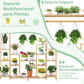 Estante de bambu para plantas 2 em 1 prateleira suspensa com 9 níveis de altura ajustável para jardim de varanda 167 x 30 x 166 cm Natural