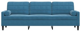 Sofá 3 lugares c/ almofadas decorativas 210 cm veludo azul