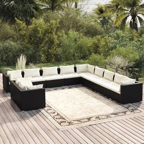 vidaXL 11 pcs conjunto lounge de jardim c/ almofadões vime PE preto