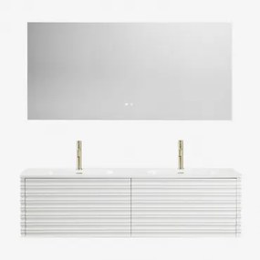 Conjunto De Móvel De Casa De Banho Suspenso 160x50 Cm Em Madeira Com Lavatórios Integrados Noura Branco & Retangular Led E - Sklum
