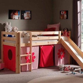 Conjunto Cama alta de Criança PINO 90 x 200 cm + estrado + escada + escorrega + cortina Flores Natural