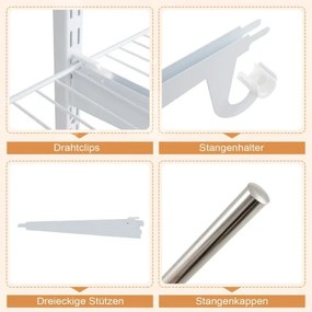 Guarda roupa aberto parede 122 - 244 cm Cabide de parede extensível Sistema de armazenamento DIY Branco