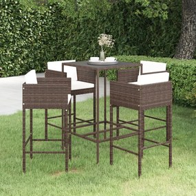 vidaXL 5 pcs conjunto de bar p/ jardim com almofadões vime PE castanho