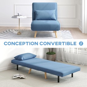 Poltrona conversível 3 em 1: poltrona-cama de 1 lugar com encosto de 5 posições, em tecido com almofada, azul