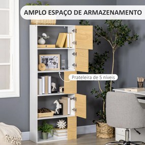 Estante de 5 Níveis Estante para Livros com 5 Portas e Compartimentos Abertos para Sala de Estar Dormitório Estúdio 63x22x166cm Branco e Madeira