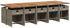 11 pcs conjunto jantar p/ jardim c/ almofadões vime PE cinzento