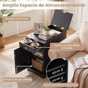 Mesa de cabeceira, Mesa apoio 35 x 60 x 62 cm com estação de carregamento com gaveta para quarto, sala e sofá Preto