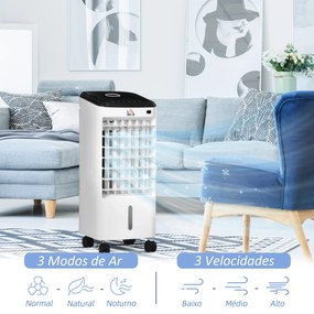 HOMCOM Climatizador Refrigerador de Ar Portátil 3,5 L 3 em 1 Climatizador Humidificador Ventoinha 65W Ecrã LED Controlo Remoto Temporizador Oscilação 3 Velocidades 3 Modos 24,5x27x60 cm Branco