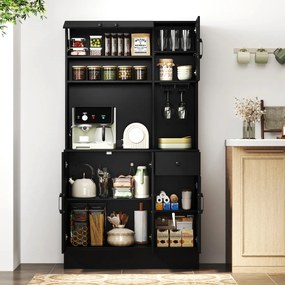 Armário despensa cozinha com 90 x 39 x 167 cm com tomadas elétricas com suporte para copos, gaveta e prateleiras ajustáveis preto