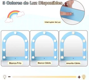 Toucador infantil de canto com luzes e cadeira princesa com 3 estantes de armazenamento 5 compartimentos abertos Acessórios Branco e Azul