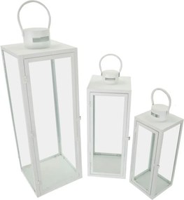 Conjunto de 3 Lanternas Brancas em Metal e Vidro – 66 cm, 49,5 cm e 39