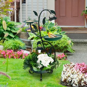 Conjunto Vintage de Banheira e Comedouro para Pássaros com Floreira Pedestal e Luzes Solares Banheira Decorativa para Pássaros para Jardim - Verde Esc
