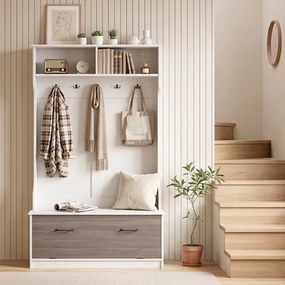 Bengaleiro e Sapateira com Porta Basculante, 100 x 40 x 180 cm, 5 Ganchos e Compartimentos de Arrumação, Branco