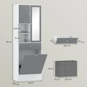 Móvel de casa de banho 62 x 28,3 x 181 cm com cesto para roupa suja e espelho com prateleira ajustável, cinzento e branco