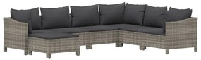 7 pcs conjunto lounge de jardim c/ almofadões vime PE cinzento