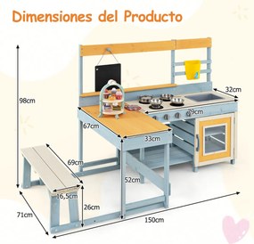 Cozinha de brincar com mesa de piquenique para crianças em madeira de abeto com banco de ardósia, lava-loiça e acessórios para o pátio ou jardim Multi