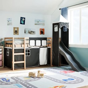 vidaXL Cama alta criança c/ torre 90x190 cm pinho maciço branco/preto