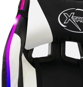 Cadeira estilo corrida luzes LED RGB couro artif. branco/preto