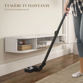 Móvel de TV de parede 120 L x 26 P x 16 A cm, para ecrãs até 50 polegadas, com compartimentos abertos e armário com porta rebatível, branco
