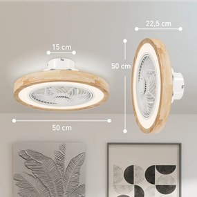 Ventilador de Teto com Luz, 50 x 50 x 22,5 cm, Motor DC Reversível, cor Madeira Natural