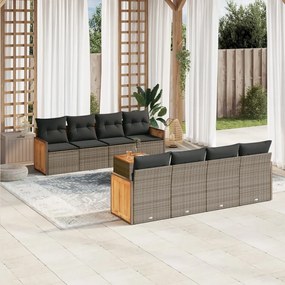9 pcs conjunto sofás p/ jardim com almofadões vime PE cinzento