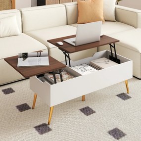 Mesa de centro moderna elevável com 2 compartimentos de armazenamento ocultos 111 x 48 x 40-53,5 cm Branco e cor nogueira