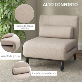 Sofá Cama Individual Dobrável Estofado em Linho com Encosto Ajustável em 5 Níveis e Almofada Acolchoada 75x70x75 cm Bege