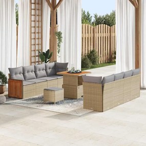 vidaXL Conjunto de Sofá de Jardim com 11 Peças e Almofadas Beige Vime Sintético Acácia