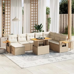 9 pcs conjunto de sofás p/ jardim com almofadões vime PE bege