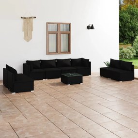 vidaXL 9 pcs conjunto lounge de jardim c/ almofadões vime PE preto