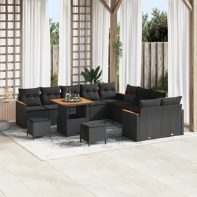 Conjunto de Sofá de Jardim vidaXL 13 Peças com Almofadas Preto Rattan PE Acácia