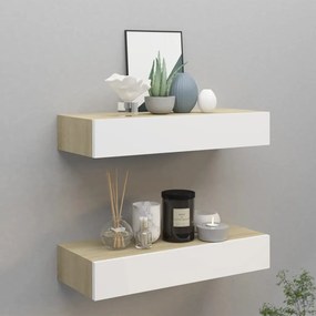Prateleiras parede c/ gavetas 2pcs MDF carvalho/branco