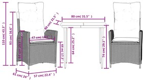 3 pcs conjunto de jantar p/ jardim com almofadões vime PE bege