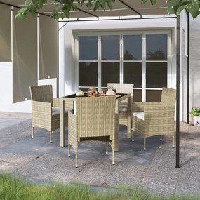 vidaXL 5 pcs conjunto de jantar jardim vime PE e vidro temperado bege