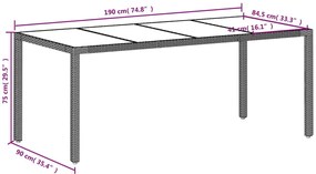 Mesa de jardim c/ tampo vidro 190x90x75 cm vime PE cinza-claro